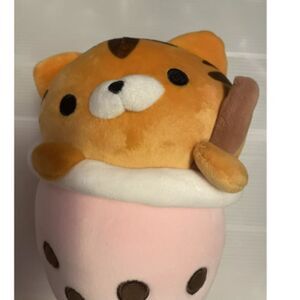 BRAND NEW Takashoji Striped Cat in Boba Tea Cup with Straw 16" Plush Round1 NWT